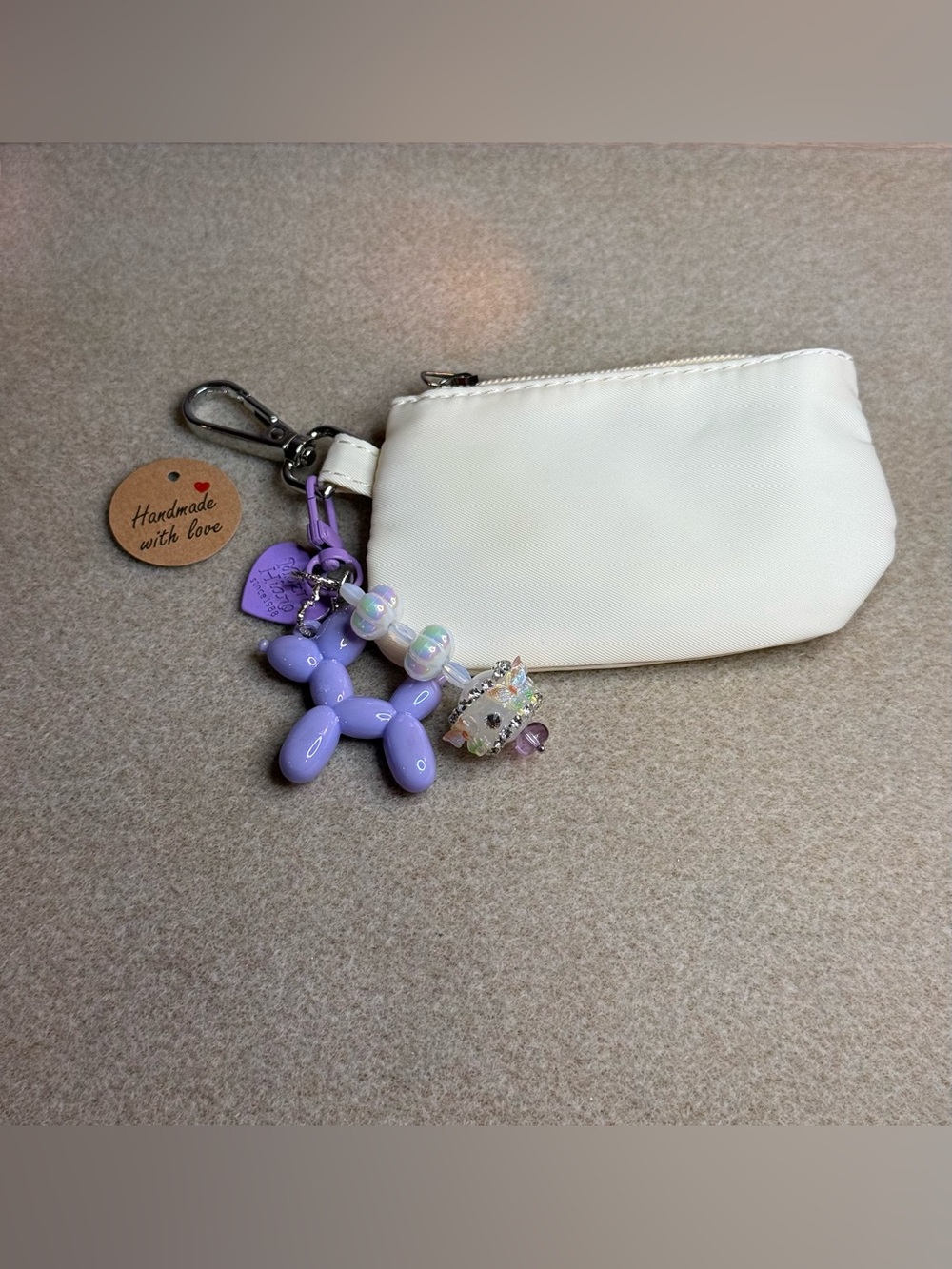 White Coin Purse with Lilac Balloon Dog & Charm Keychain/Bag Charm- NWT Handmade